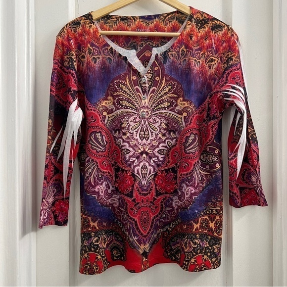 Style & Co. Multicolored Rhinestone V Neck Top, 3/4 Sleeve, size Large petite - Picture 1 of 4